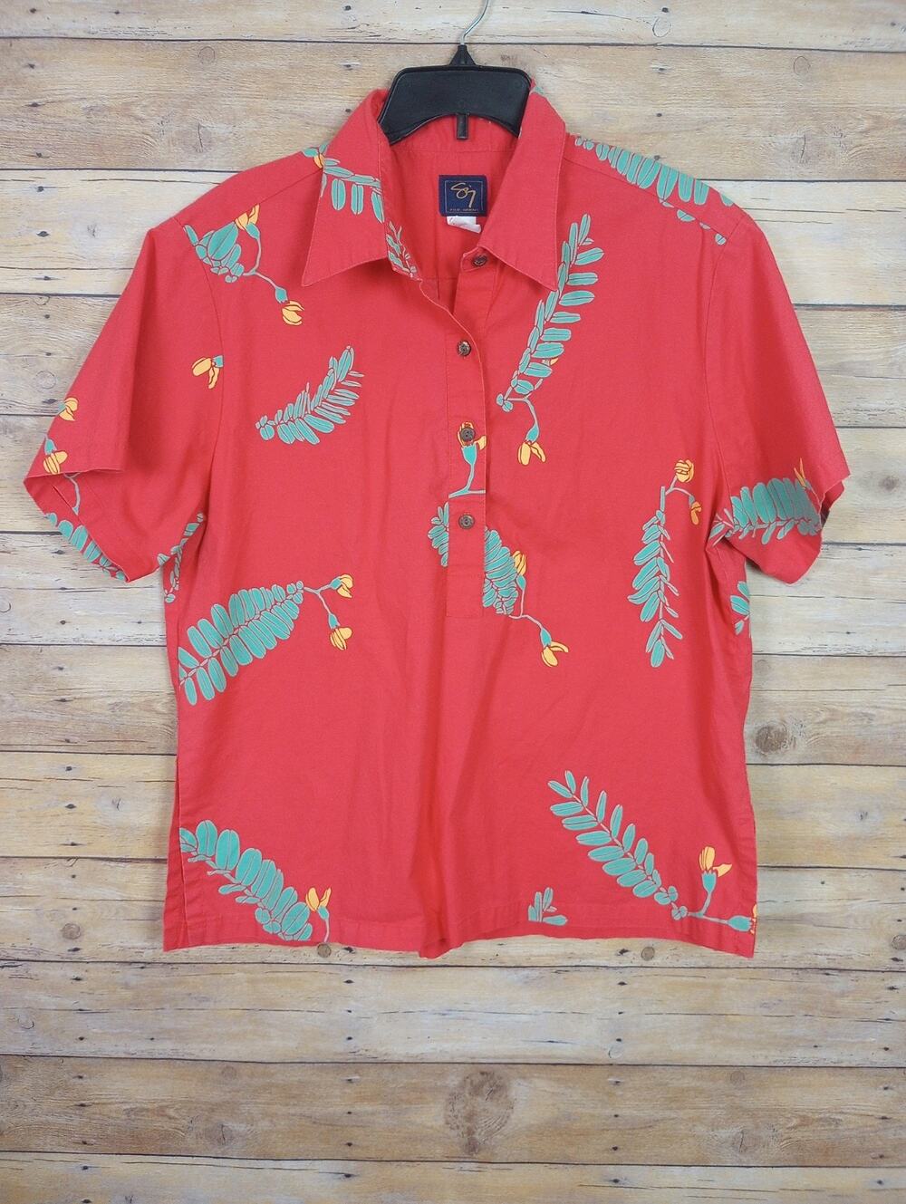 Sig Zane Hilo Men Shirt XL Red Green Yellow Floral 1/4 Button Popover Camp Aloha